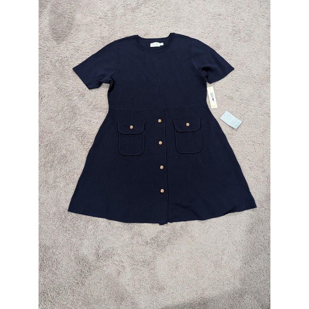 Eliza J Navy Blue Knit Fit Flare Dress Gold‎ Button Front Pockets EJ5M4016 XXL